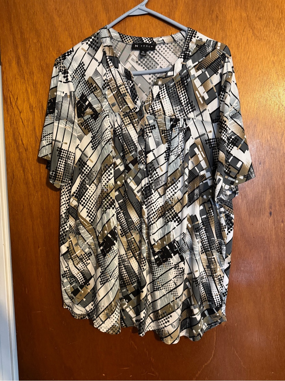 N Touch Abstract Print Short-Sleeve Blouse - Black, White & Tan